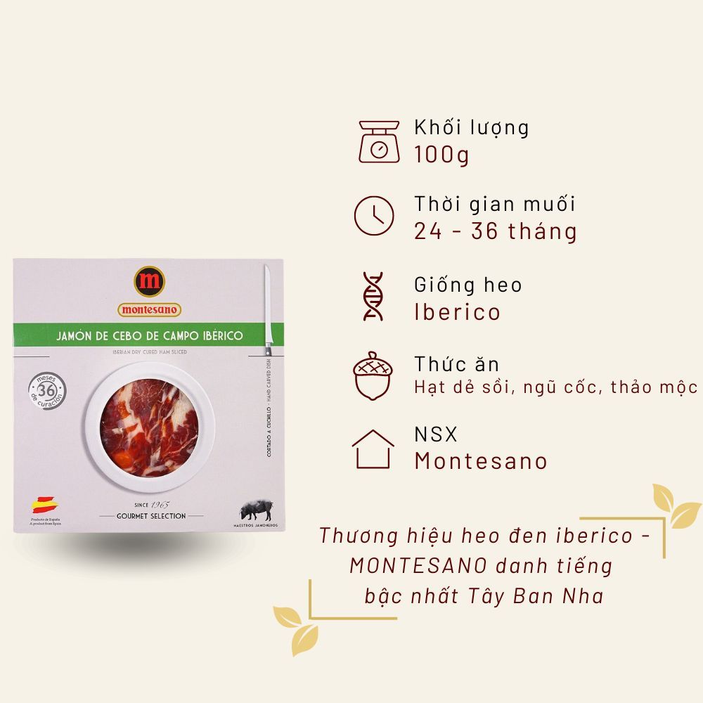 Đùi sau Iberico Cebo de Campo muối 24 - 36 tháng cắt lát túi 100g