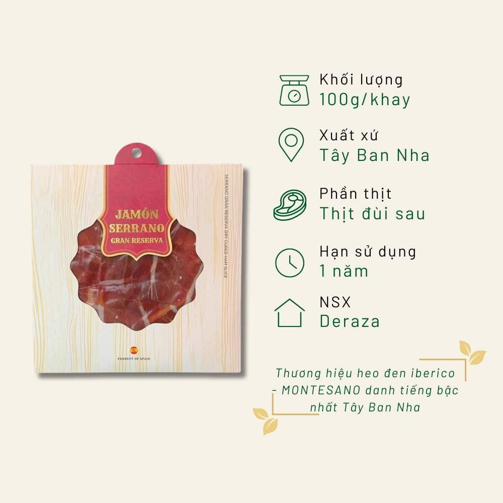 Đùi sau Serrano 16 tháng cắt lát khay 100g
