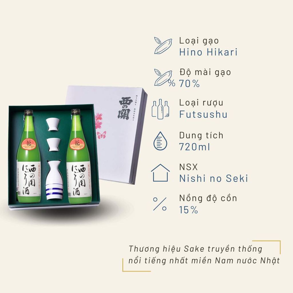 Hộp quà đôi Anh Đào Sake Nishino Seki Nigori Zake 720ml 15%