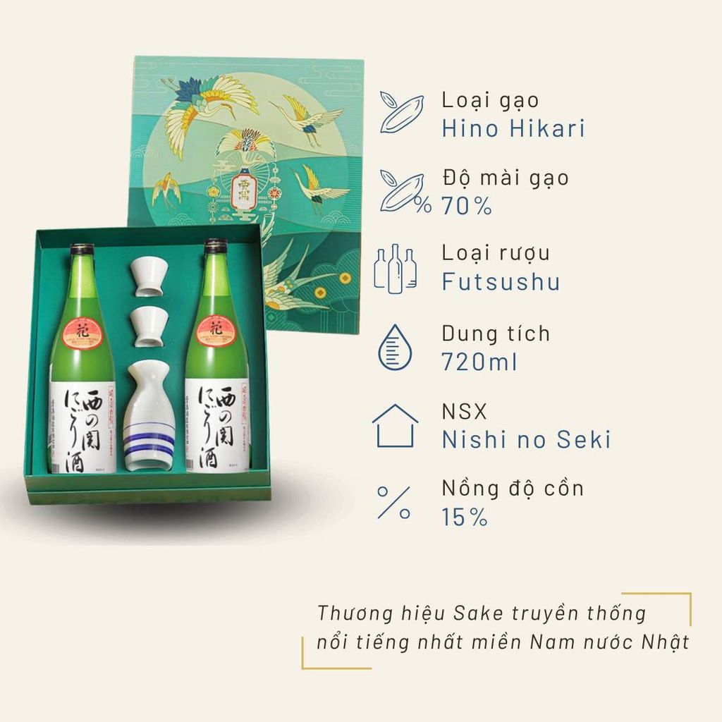 Hộp quà đôi Việt Nhật Sake Nishino Seki Nigori Zake 720ml 15%
