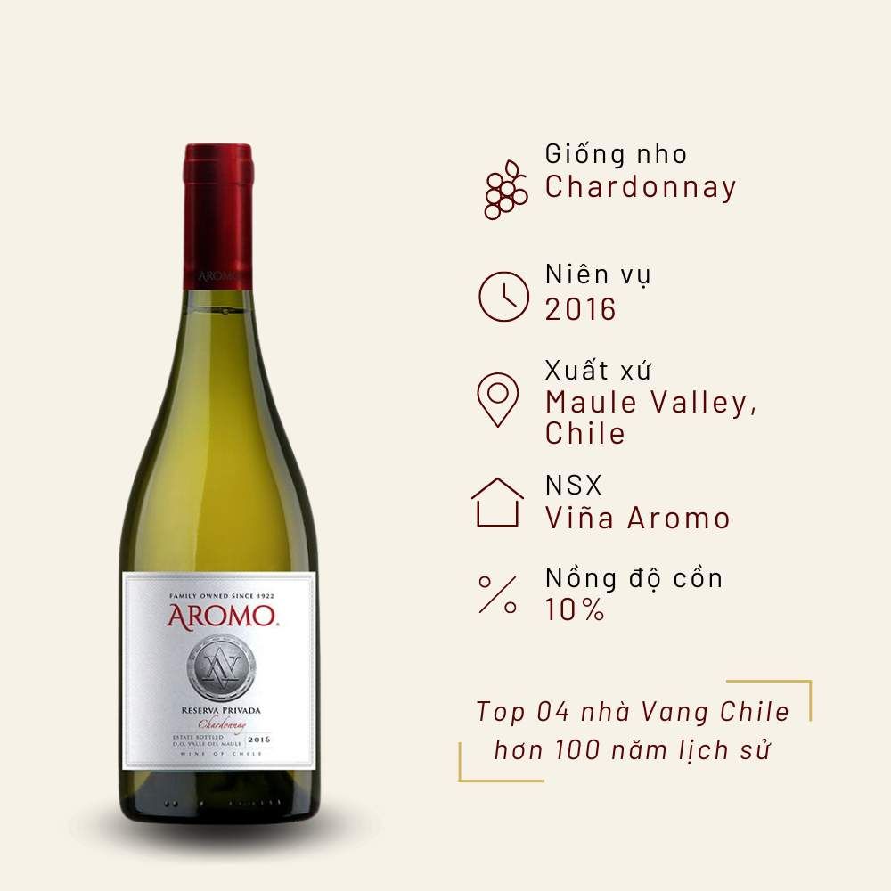 Rượu vang trắng Chile Aromo Reserva Privada Chardonnay 13.0% Maule Valley 2016