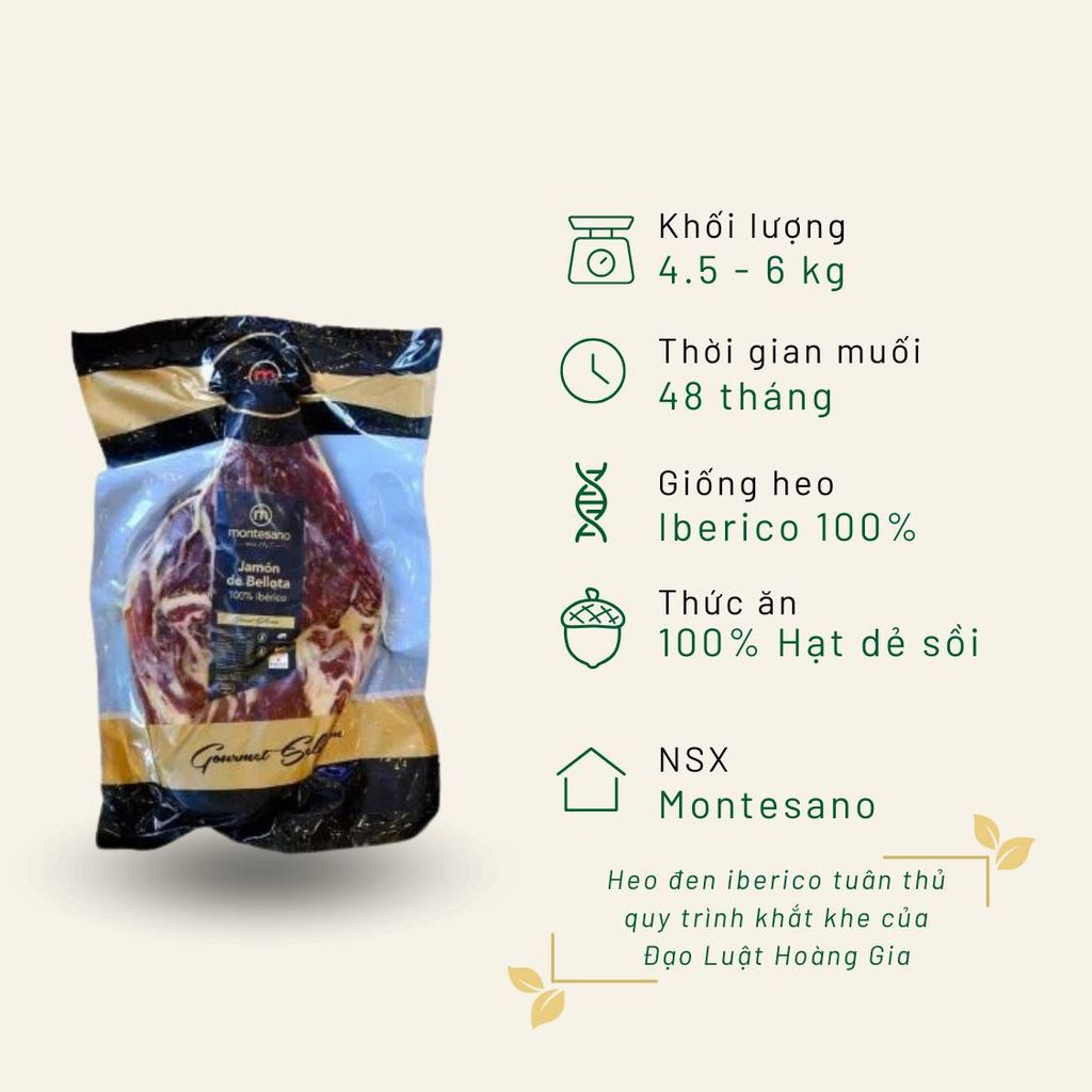 Đùi heo muối Iberico Bellota Montesano không xương thuần chủng 100% 48 tháng KG đùi sau