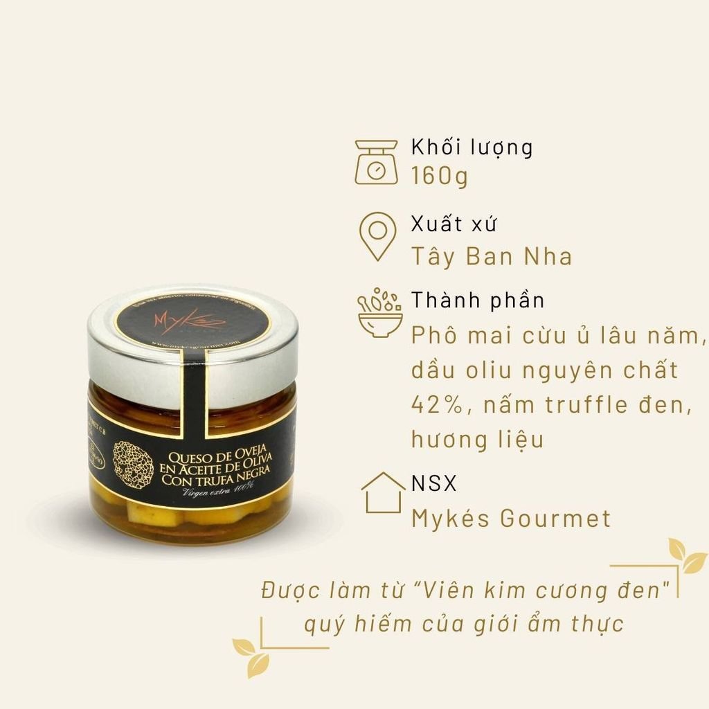 Phô mai cừu và nấm Truffle Mykés Gourmet đen ngâm dầu Oliu 160g