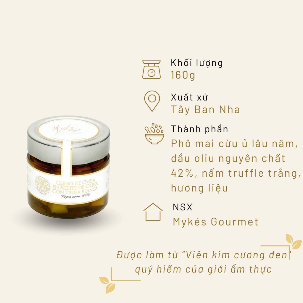 Phô mai cừu và nấm Truffle Mykés Gourmet trắng ngâm dầu Oliu 160g