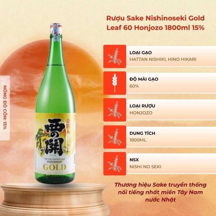 Rượu Sake Nishinoseki Gold Leaf 60 Honjozo 1800ml 15%
