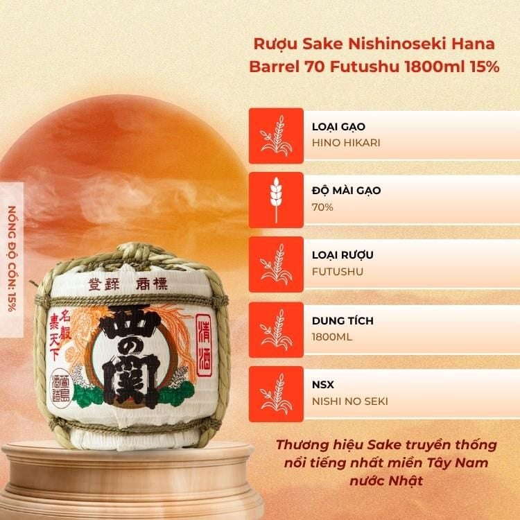 Rượu Sake Nishinoseki Hana Barrel 70 Futsushu 1800ml 15%
