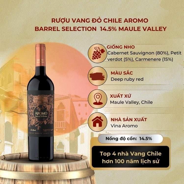 Rượu vang đỏ Chile Aromo Barrel Selection Cabernet Sauvignon, Carmenere, Petit Verdot 14.5% Maule Valley 2014