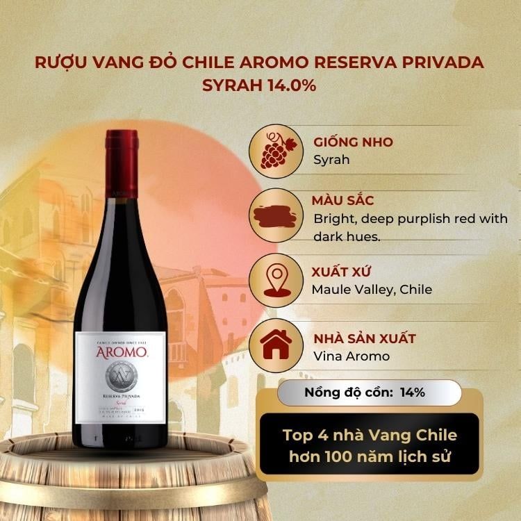 Rượu vang đỏ Chile  Aromo Reserva Privada Syrah 14.0% Maule Valley 2015