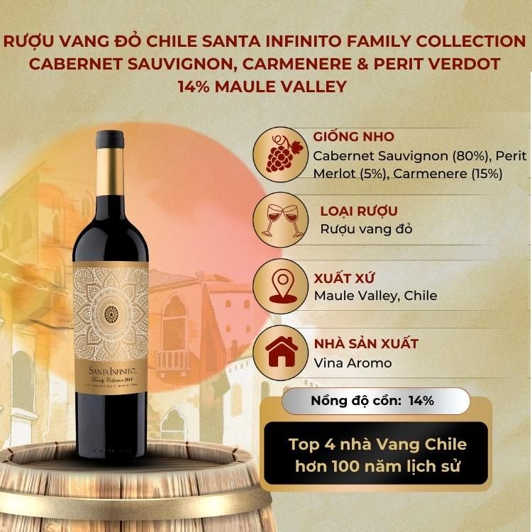 Rượu vang đỏ Chile Santa Infinito Family Collection Cabernet Sauvignon, Carmenere & Perit verdot 14% Maule Valley 2014