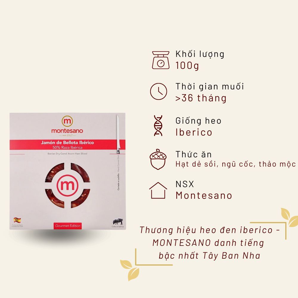 Thịt đùi Iberico Bellota Montesano muối 36 tháng cắt lát túi 100g