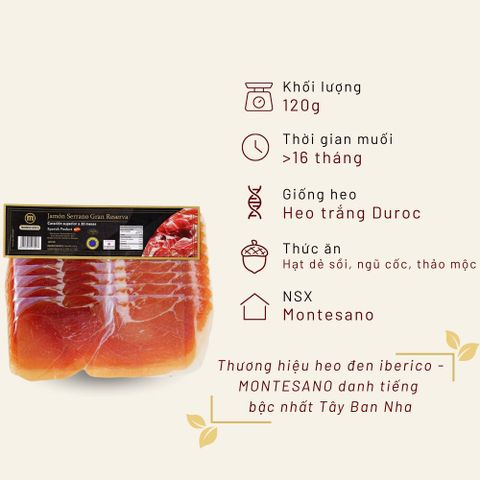 Thịt đùi sau Serrano Gran Reserva muối 16 tháng cắt lát túi 120g