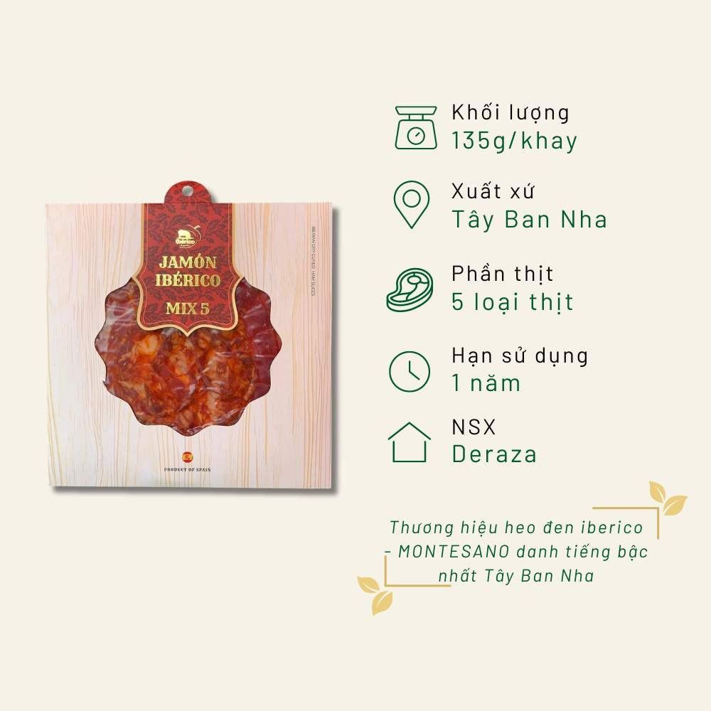 Thịt heo muối Iberico mix 5 cắt lát khay 135g