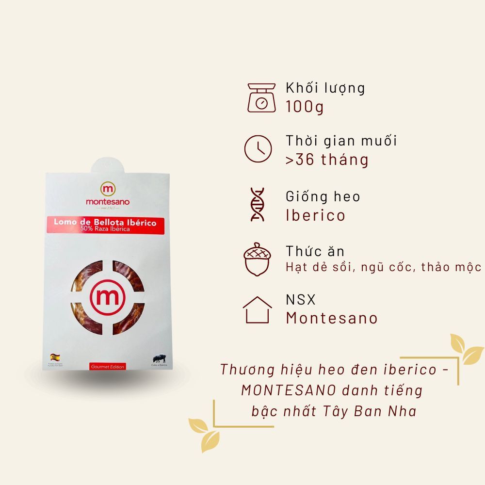Thịt lưng Iberico Bellota Montesano muối 36 tháng cắt lát túi 100g