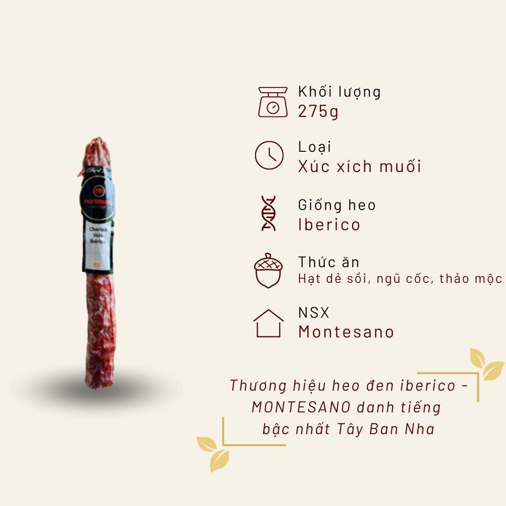 Xúc xích cay Iberico Cebo Chorizo muối nguyên cây túi 275g