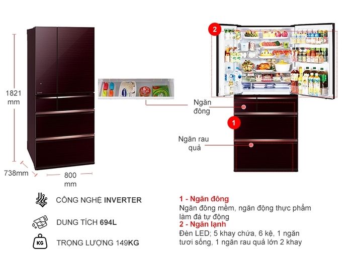 Tủ lạnh Mitsubishi Electric Inverter 694 lít MR-WX70C-BR-V