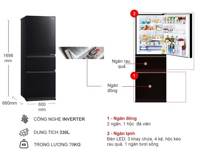 Tủ lạnh Mitsubishi Inverter 330 lít MR-CGX41EN-GBK-V