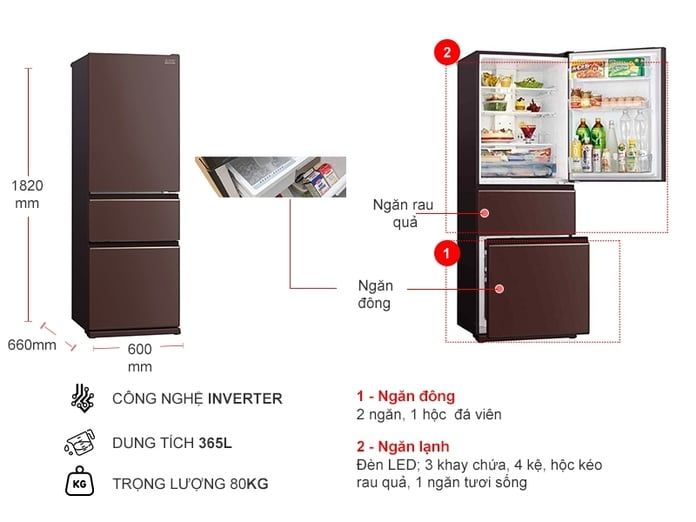 Tủ lạnh Mitsubishi Inverter 365 lít MR-CGX46EN-GBR-V