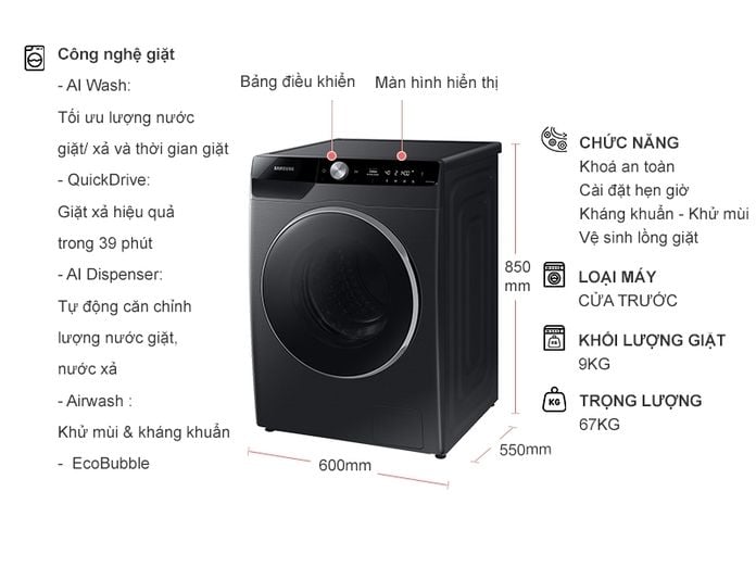 Máy giặt Samsung AI Inverter 9kg WW90TP44DSB/SV