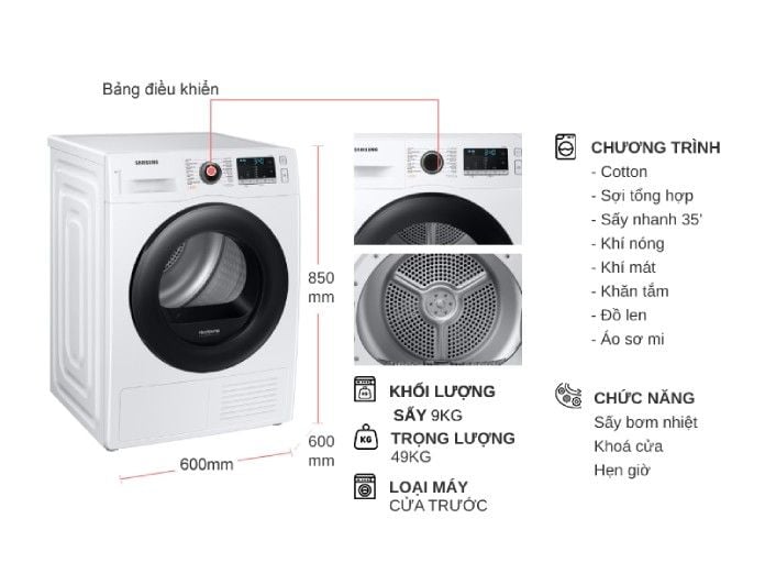Máy sấy bơm nhiệt Samsung 9 kg DV90TA240AE/SV