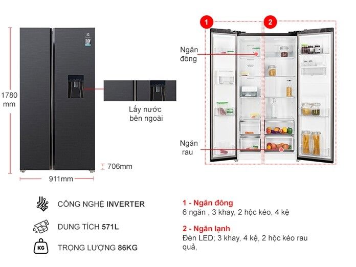 Tủ lạnh SBS Electrolux Inverter 571L ESE6141A-BVN