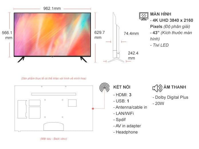 Smart Tivi Samsung 4K 43 inch UA43AU7002