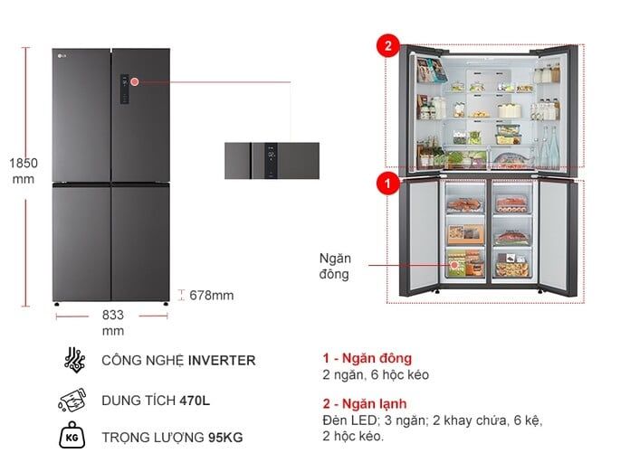 Tủ lạnh LG Inverter 470 lít Multi Door GR-B50BL