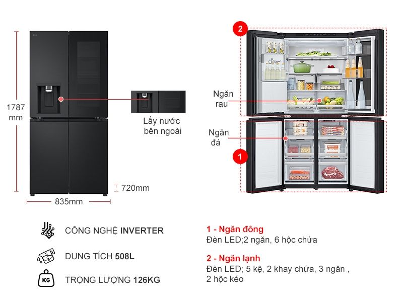 Tủ lạnh LG Inverter 508 lít Multi Door InstaView LFI50BLMAI