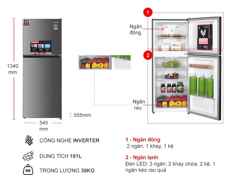Tủ lạnh Sharp Inverter 181 lít SJ-X198V-SL