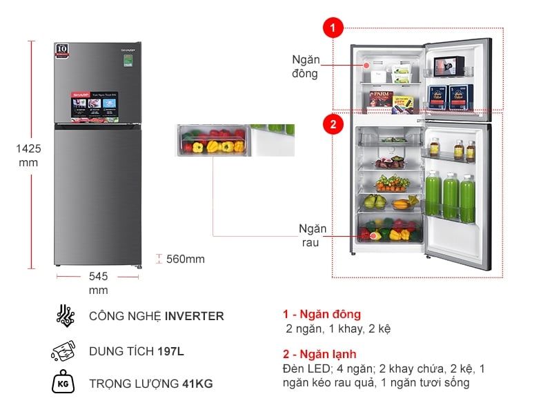 Tủ lạnh Sharp Inverter 197 lít SJ-X215V-SL