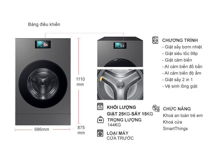 Máy giặt sấy Samsung AI Combo Heatpump Inverter giặt 25 kg - sấy 15 kg WD25DB8995BZSV
