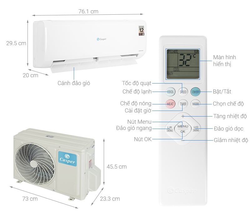 Điều hòa Casper 1 chiều Inverter 1.5HP-12.000BTU TC-12IS36