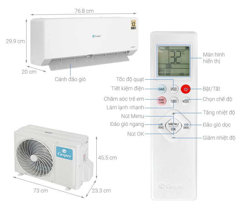 Điều hòa Casper 1 chiều Inverter 1HP-9.500BTU QC-09IS36