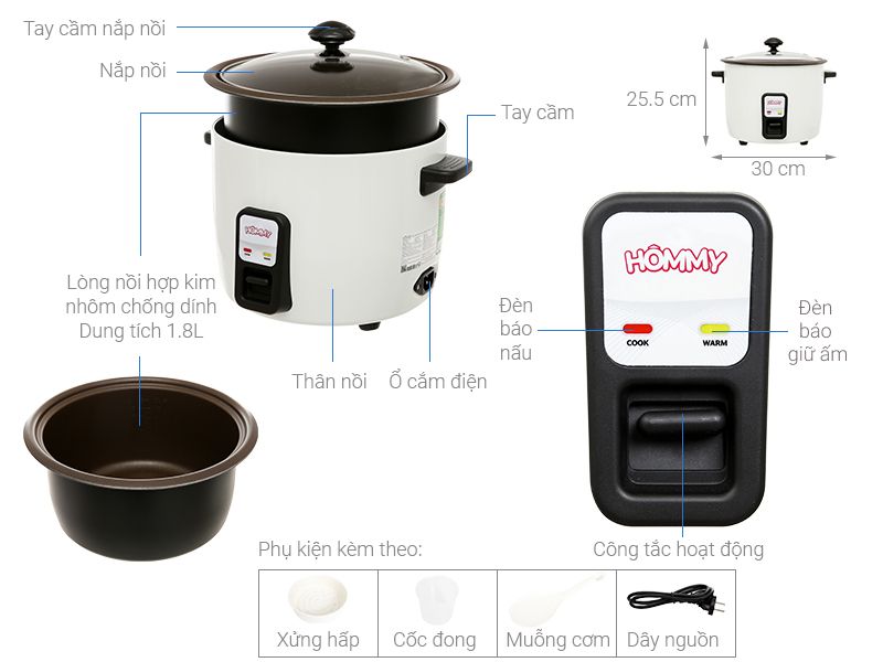 Nồi cơm nắp rời Hommy 1.8 lít NCR1803