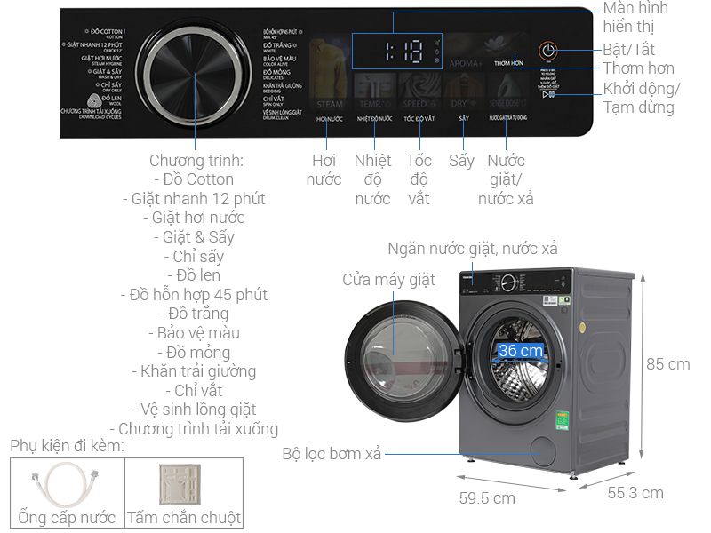 Máy giặt sấy Toshiba Inverter giặt 10.5 kg - sấy 7 kg TWD-T25BZU115MWV(MG)