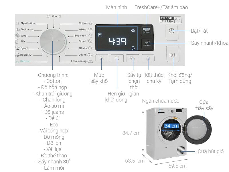 Máy sấy ngưng tụ Whirlpool FreshCare+ 8 kg FFTCM118XB EE