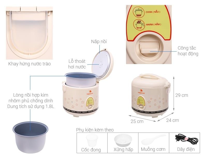 Nồi cơm nắp gài Happycook 1.8 lít HC-180