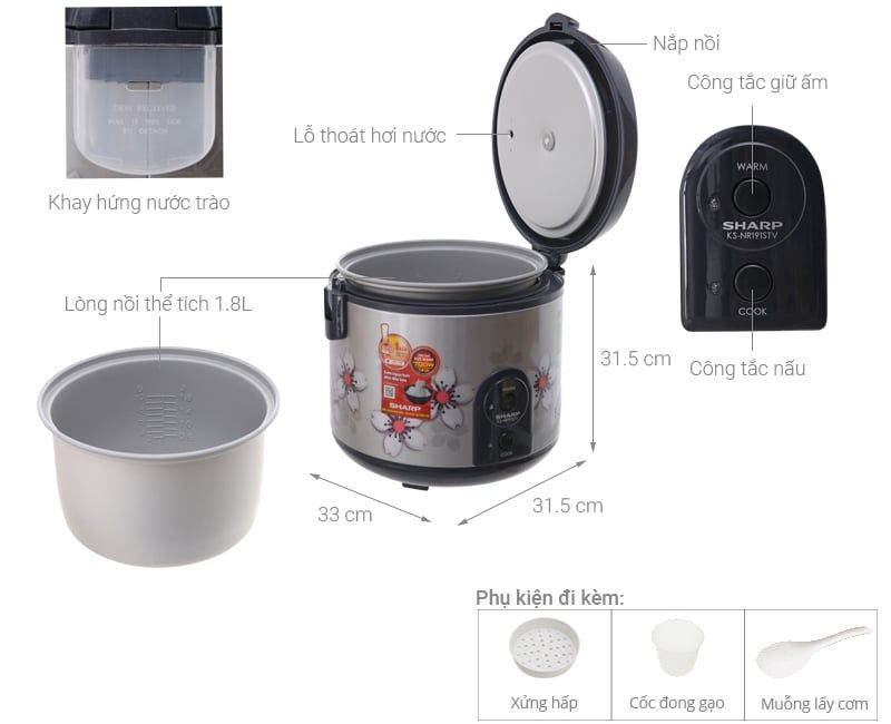 Nồi cơm nắp gài Sharp 1.8 lít KS-NR191STV