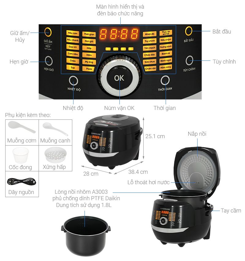 Nồi cơm điện tử Sunhouse 1.8 lít SHD8911