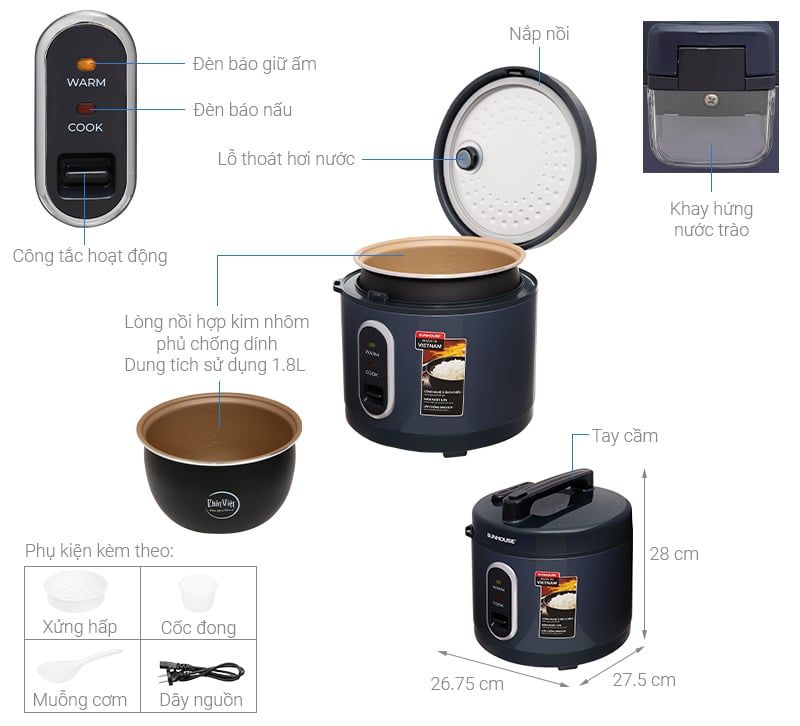 Nồi cơm nắp gài Sunhouse 1.8 lít SHD8632