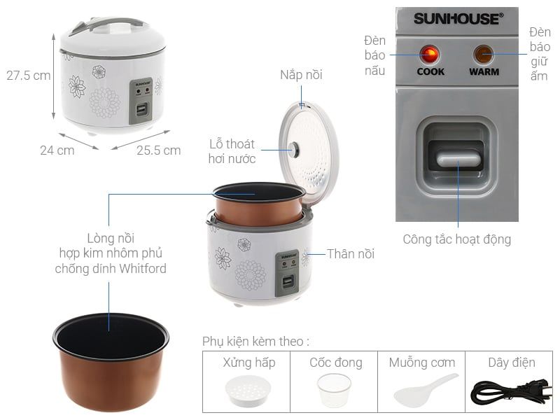 Nồi cơm nắp gài Sunhouse 1.8 lít SHD8603