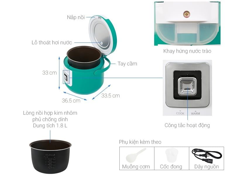 Nồi cơm nắp gài Sunhouse 1.8 lít SHD8658G