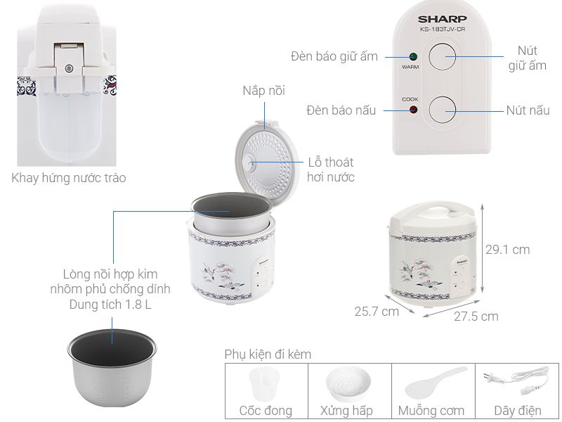 Nồi cơm nắp gài Sharp 1.8 lít KS-183TJV-CR