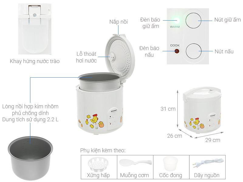 Nồi cơm nắp gài Sharp 2.2 lít KS-223TJV-CH