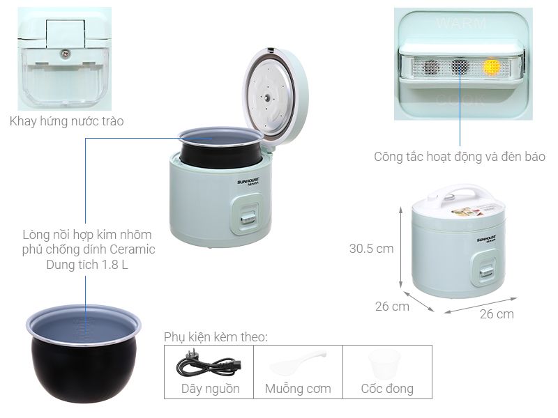 Nồi cơm nắp gài Sunhouse Mama 1.8 lít SHD8665B