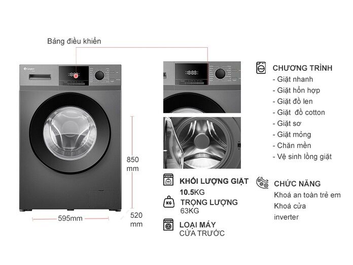 Máy giặt Casper Inverter 10.5 kg WF-105VG5