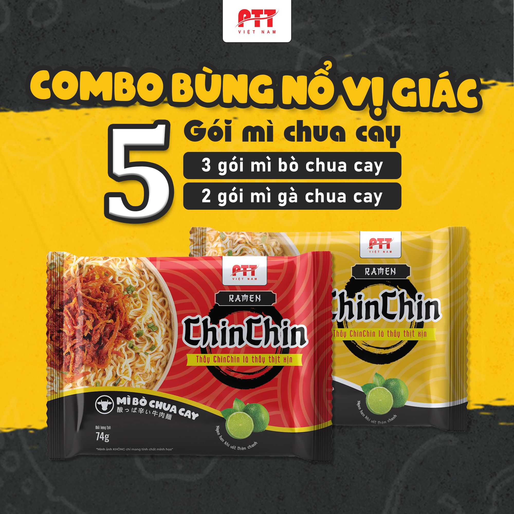 Combo mì ăn liền Chin Chin: 3 mì bò chua cay + 2 mì gà chua cay
