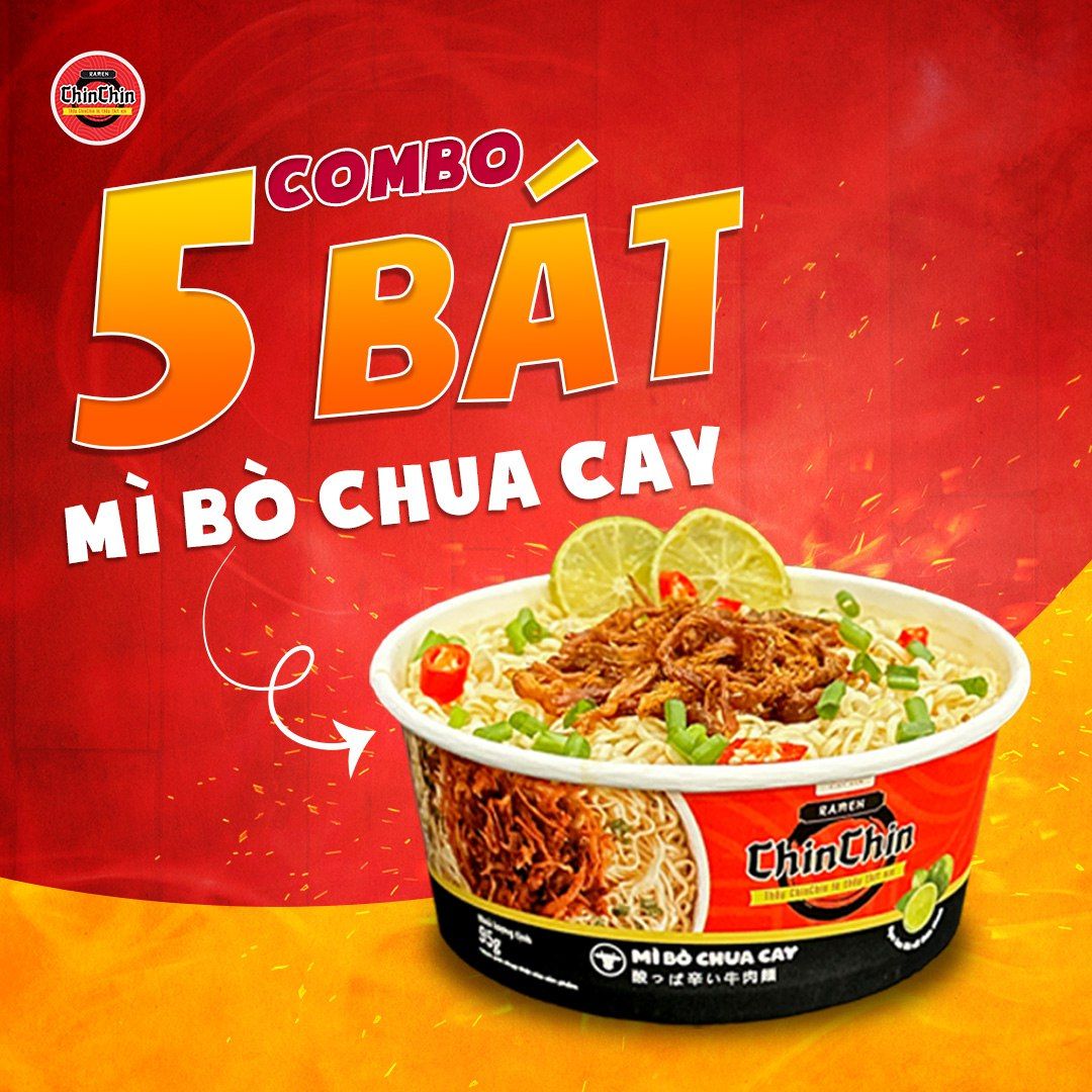 Combo mì ăn liền Chin Chin: 5 bát mì bò chua cay