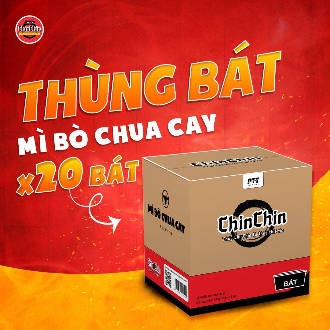 Mì ăn liền Chin Chin - Mì bò chua cay - Mì bát - 1.9kg - Thùng x 20 bát