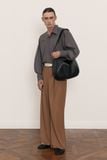  BROWN DIAGONAL PLEAT WOOL-VISCOSE TROUSERS 