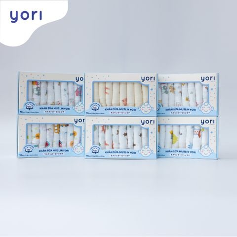 Khăn sữa Muslin Yori họa tiết, hộp 10 cái 30x30cm